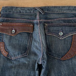 NWT Vintage Blue Cult Sacred Blue Leather Trim Jeans, Size 27; 34" Inseam